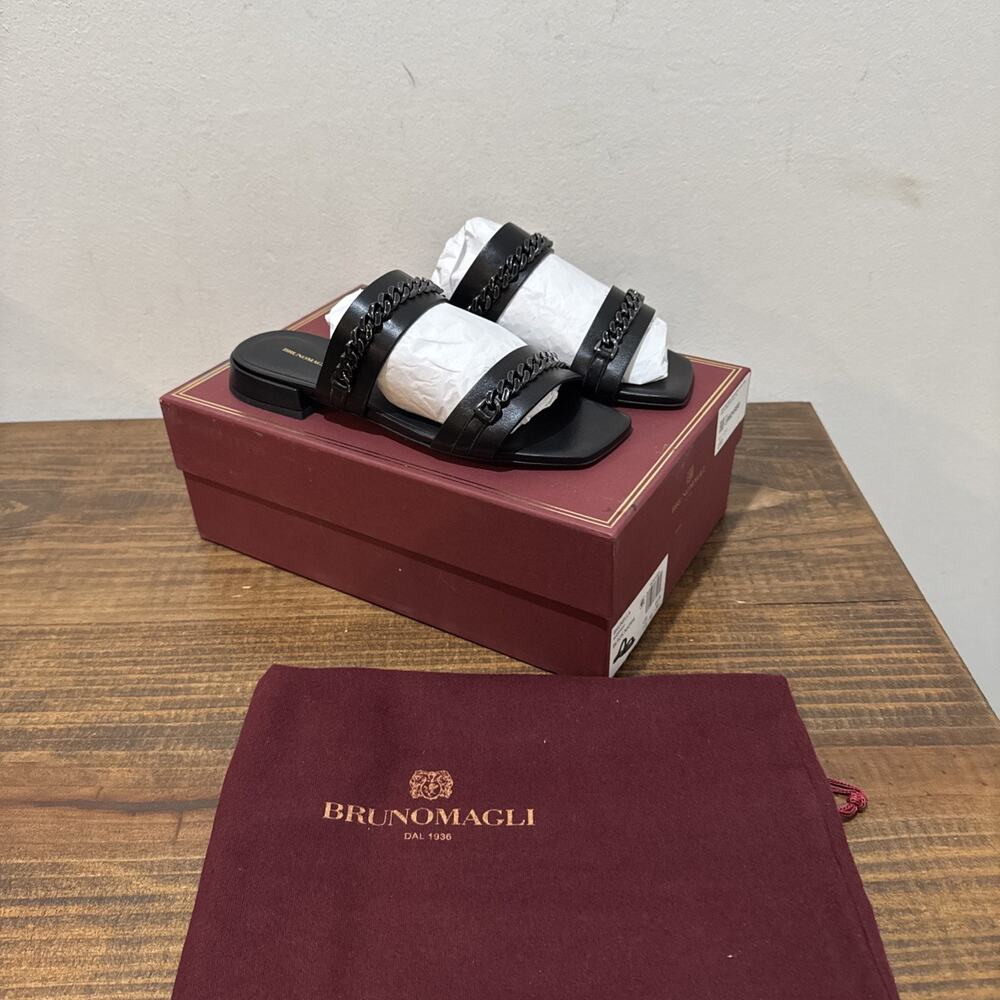 NIB Bruno Magli Brunella Black Leather Mules Heeled Sandals Women Size 7.5